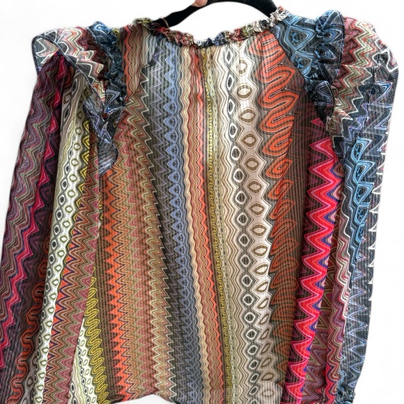 NWT Ciebon Top Lisa metallic blouse zig zag print sheer layer lined ruffle S M? - Picture 6 of 17